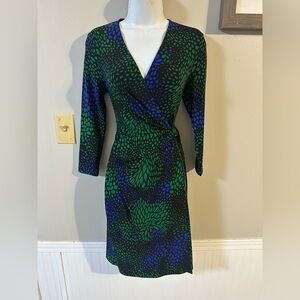 Anne Klein Green and Blue Patterned Long Sleeve Dress